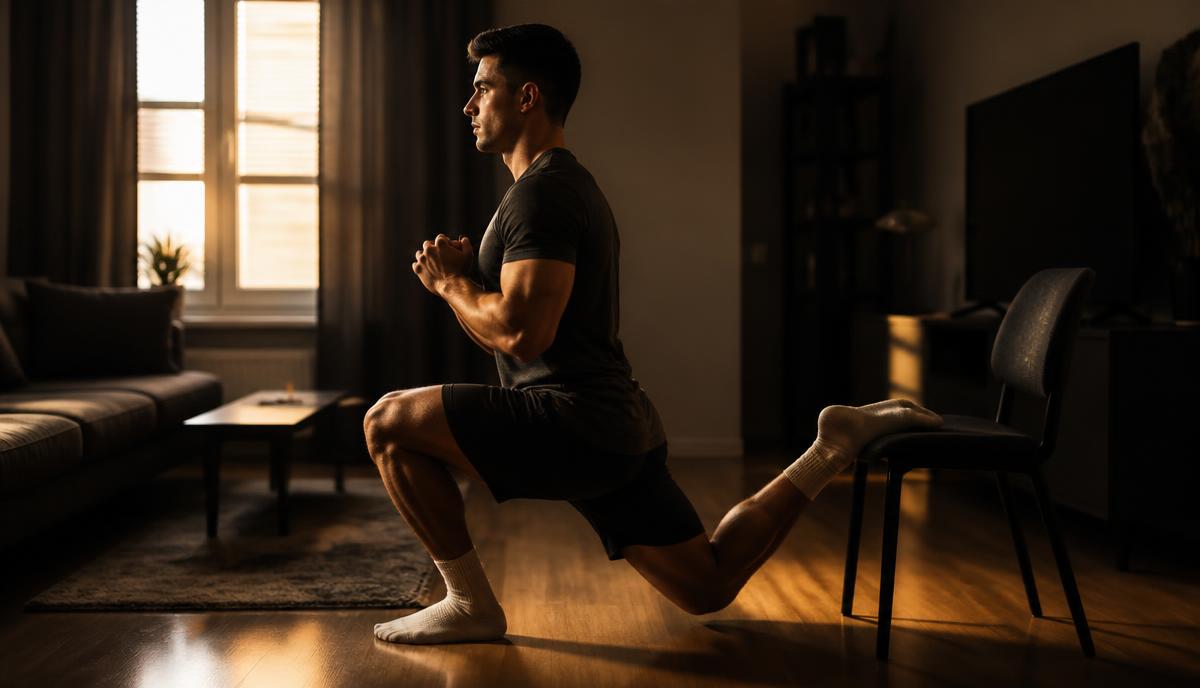 Person starting a home calisthenics session on a living room floor in warm light