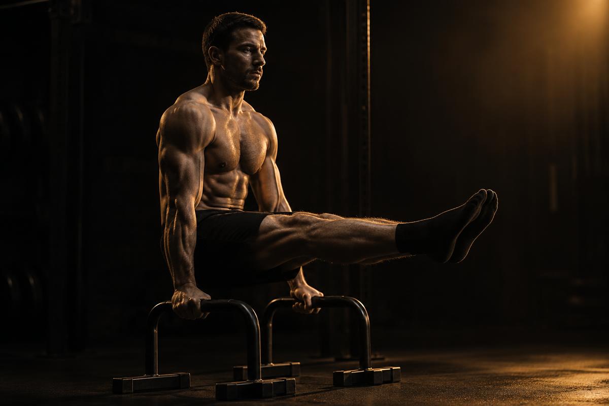 Athlete performing a dip between two parallel bars outdoors at sunrise