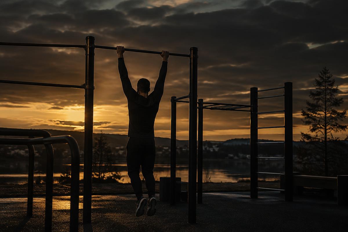 Atlet i en calisthenics-park med dansk skiltning i baggrunden