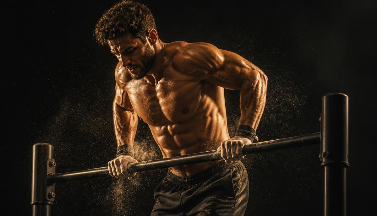 Atlet i overgangsfasen af en muscle-up med brystet over stangen