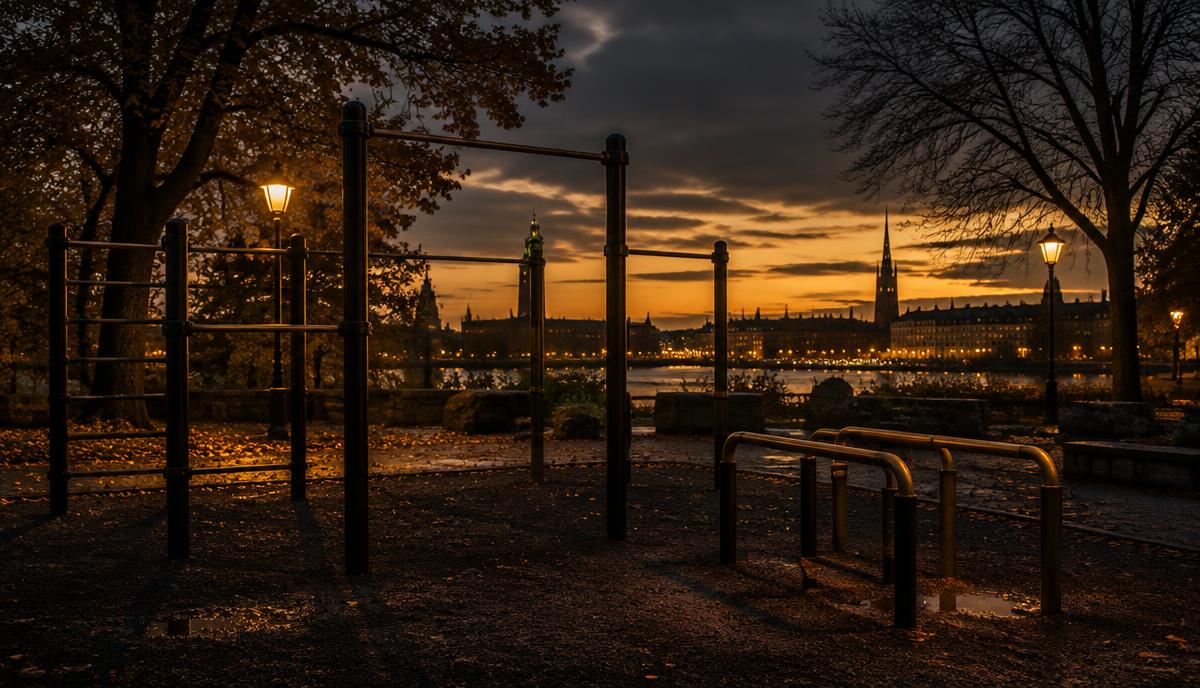 Offentlige calisthenics-barrer i en park i gyldent kveldslys
