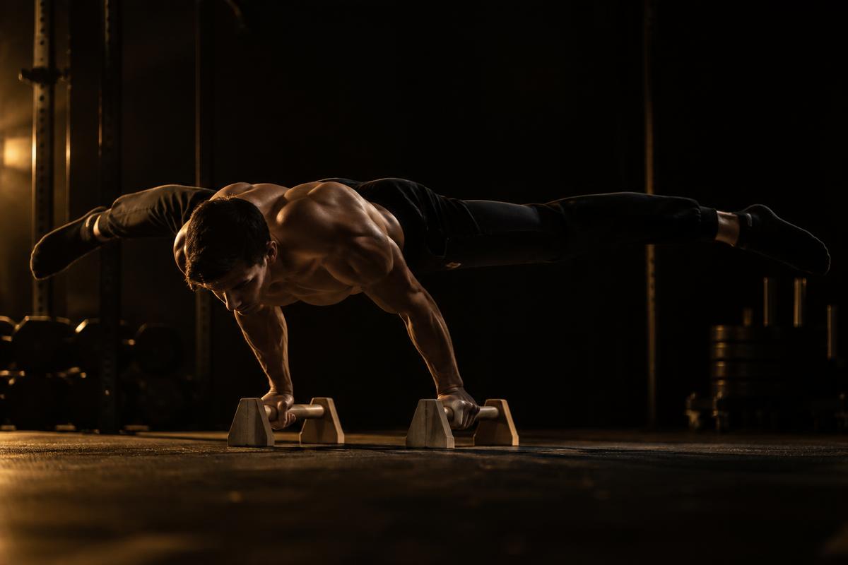 Athlete holding a straddle planche on parallettes with straight arms and shoulders forward