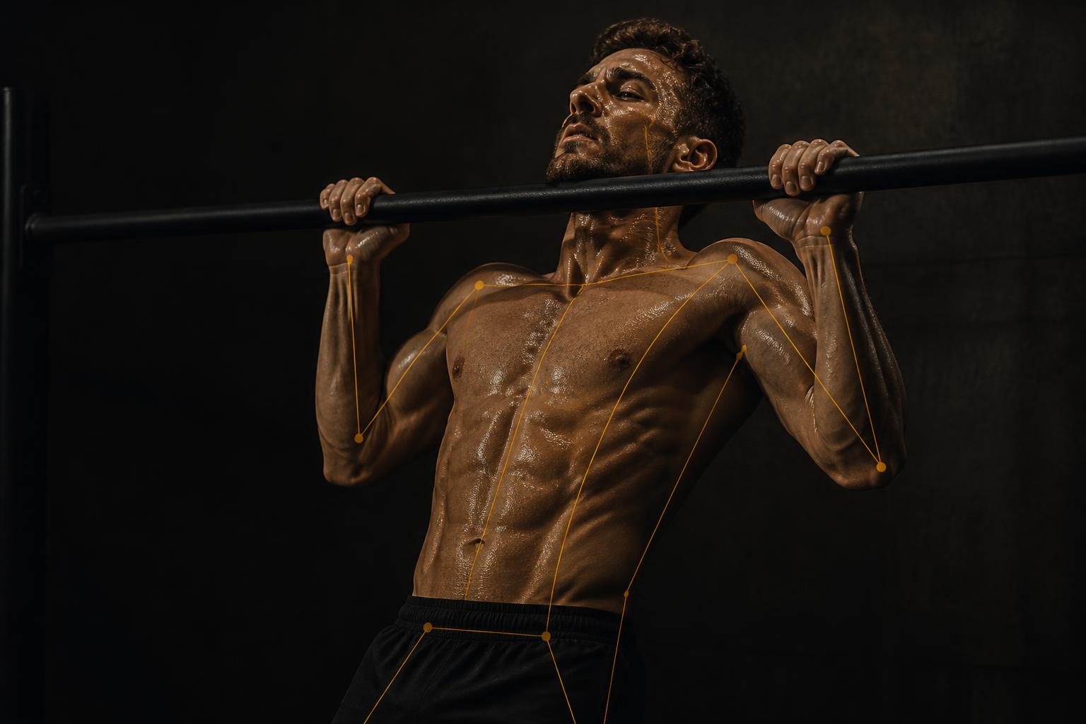 Atlet der laver en muscle-up i mørkt træningsrum