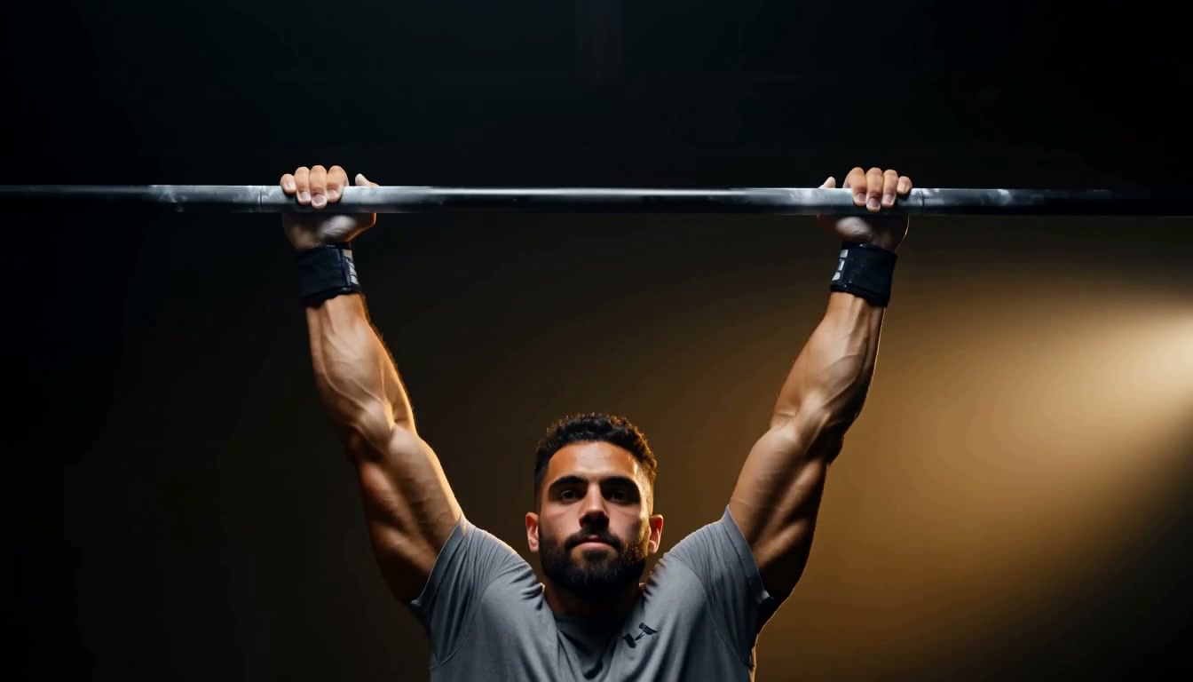 Atlet der laver en muscle-up i mørkt træningsrum