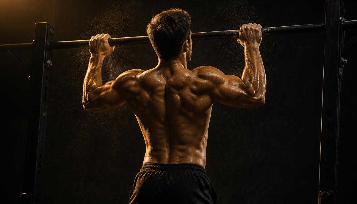 Atlet gör en strikt pull-up i en svart stång i ett mörkt gym
